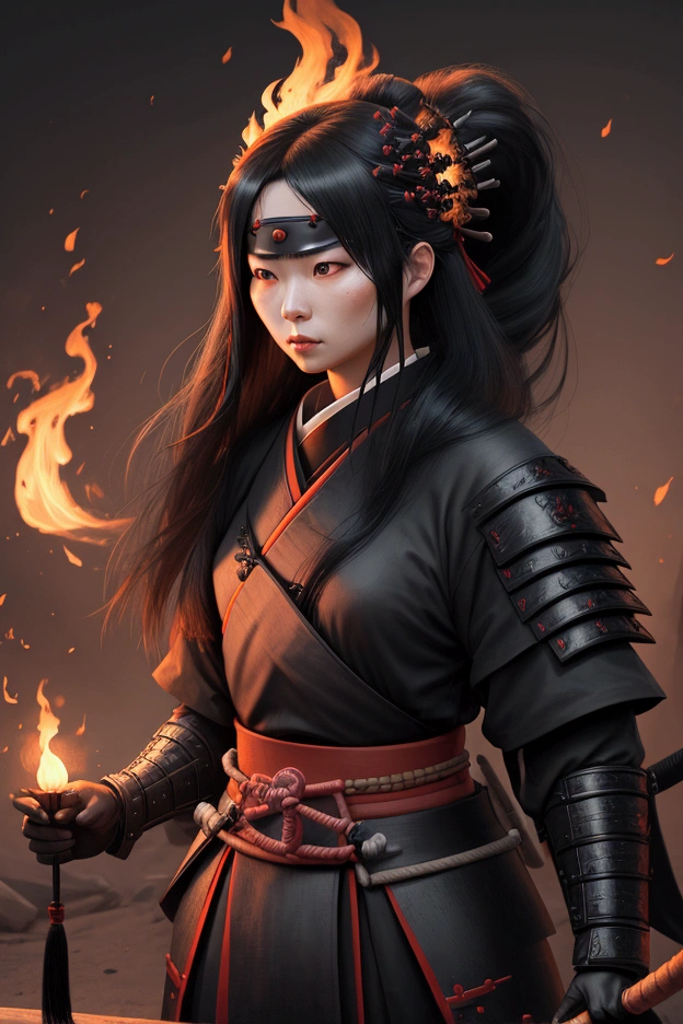 female samurai with long black hair blindfolded and black flame in hand