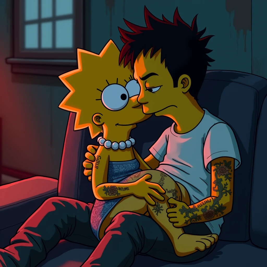 Lisa Simpson with human appearance, tattooed punk. Milhause van Houten pregnant and human, with white t-shirt and tattoo, an image by Zack Snyder, tumblr, romanticism, leaked image, cyberpunk, without words 4k, without text, gothic art, cyberpunk comic, super high resolution, in a cinematic Gothic movie , cyberpunk style comics, Lisa sitting in love on Milhause's knees, 8K.