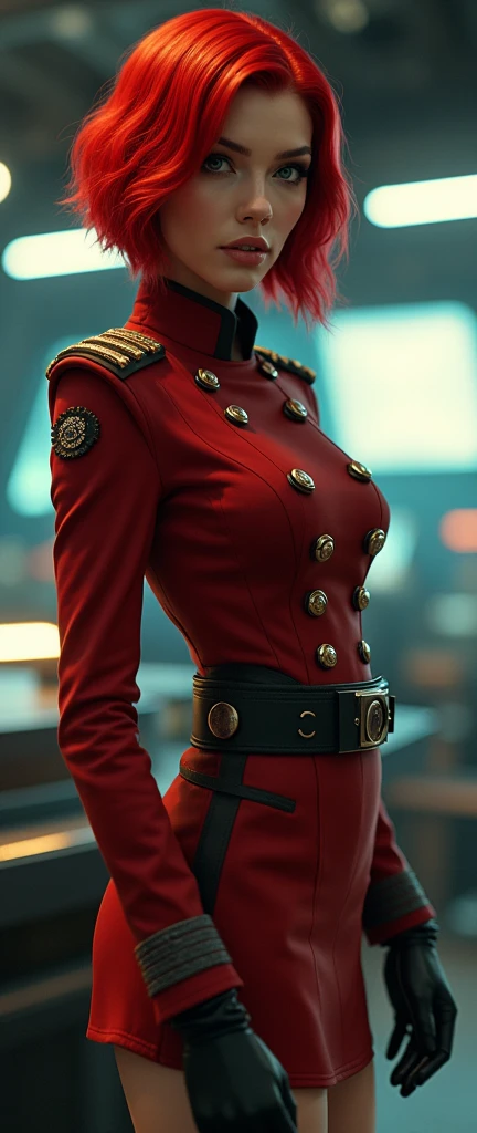 red bob cut, beautiful woman, starship captain, short jacket, cowboy shot, flirty, military bearing, standing, pirate, short skirt