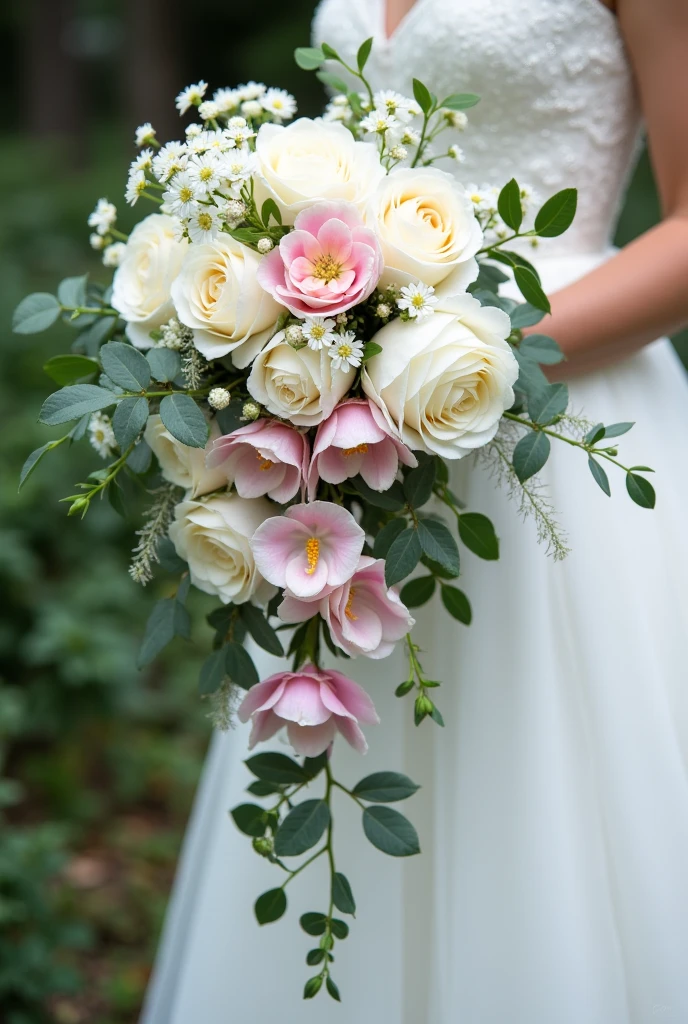 cascade bridal bouquet, with eucalyptus, 6 Antirrhinum majus color blanco , several roses (soft cream color almost white) and 4 pink cymbidium orchids