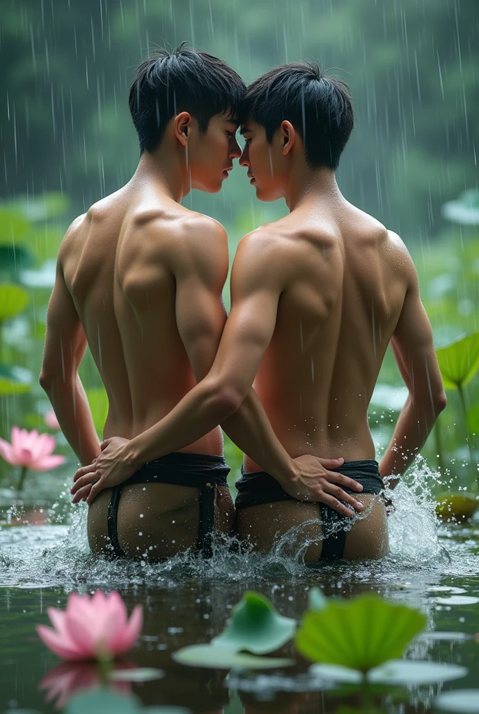 Two slim attractive Asian male agers with short native loincloth touching each other's butts while in the lotus lake in heavy rain falling with splashed
