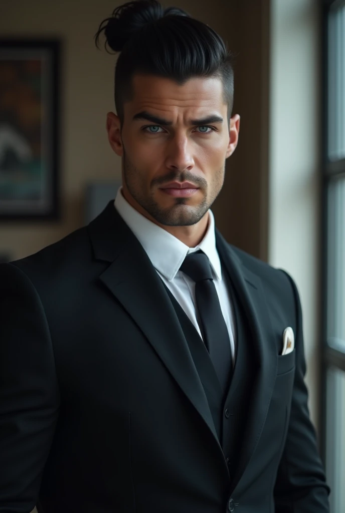 Handsome tall young man with white skin, black hair with bun, blue eyes, muscular body, sensual, sexy businessman 
