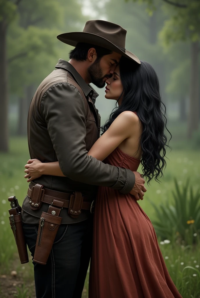 Arthur Morgan from the game red dead redemption, hugging a black, wavy, haired woman with pale skin romantically