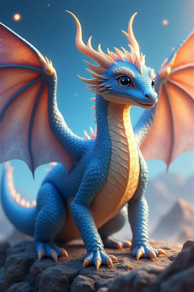 A dragon with bright, radiant scales in shades of blue and gold, reflecting the colors of the sky. Its wings are wide and powerful, tipped with starlight. The dragon’s eyes are a vivid blue, filled with curiosity and wonder, and it carries a bow-shaped crest on its head, symbolizing its connection to the stars.