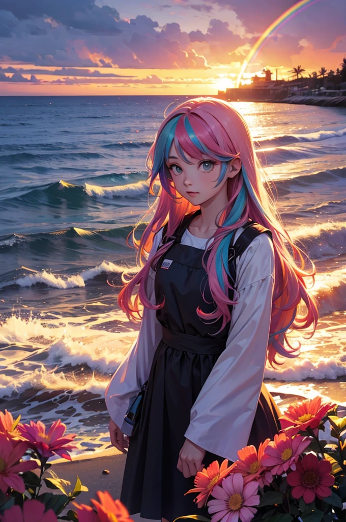 Girl with long rainbow hair, sea, sunset, flowers, upper body, front