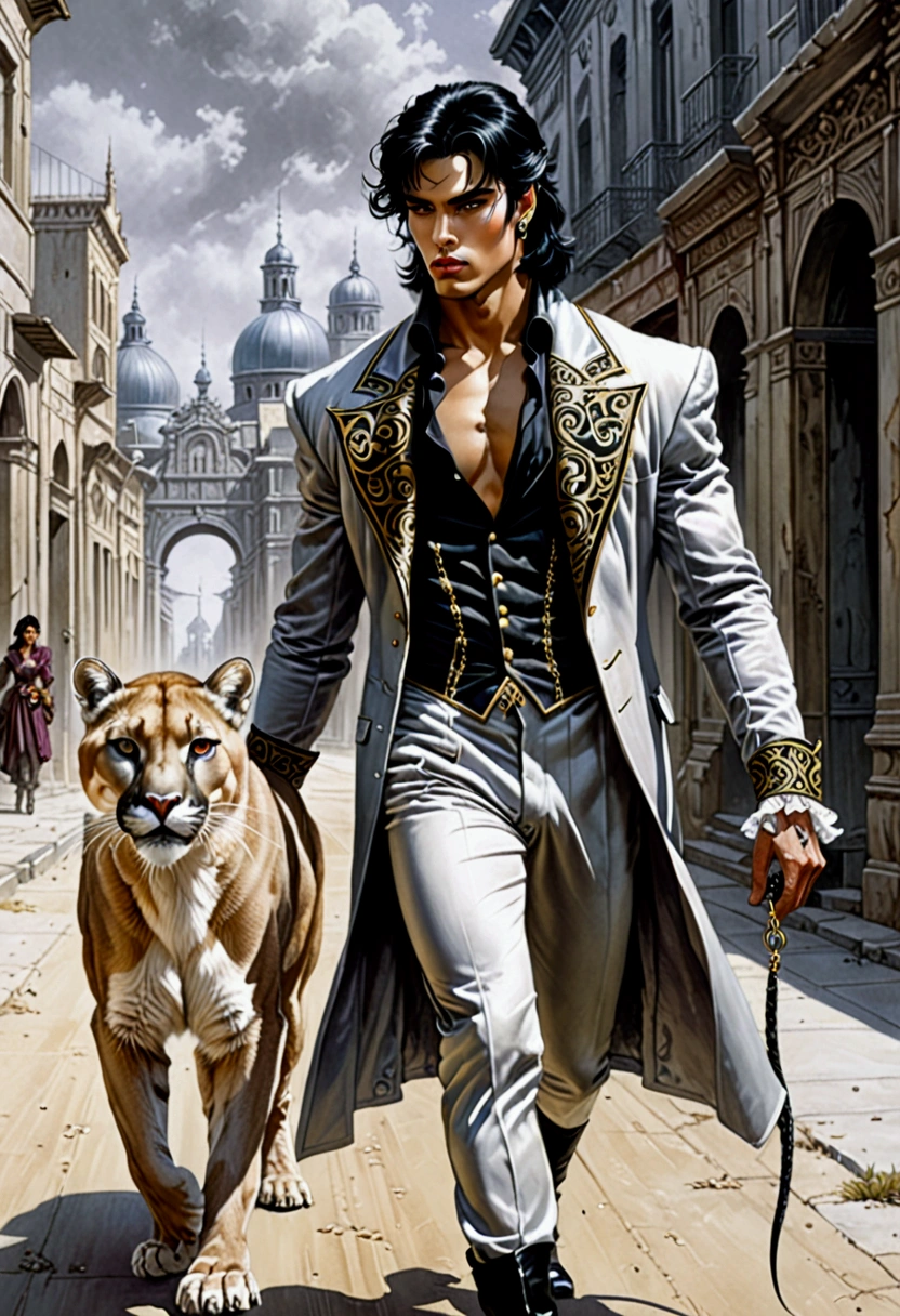 Fantasy. An illustration from the book, which depicts an imposing black-haired young man in a bright vintage outfit in the grotesque style, strolling with an elegant cougar. Grey urban landscape. The style of Luis Royo and Artgerm. High contrast, sharp focus, contour clarity, high detail, 8K