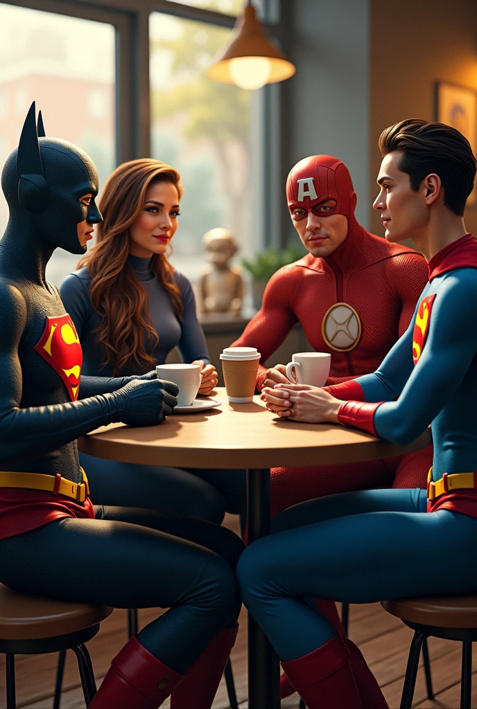 Superman, Spiderman and cat woman standing at the bar having a beer together drawn in cartoon style