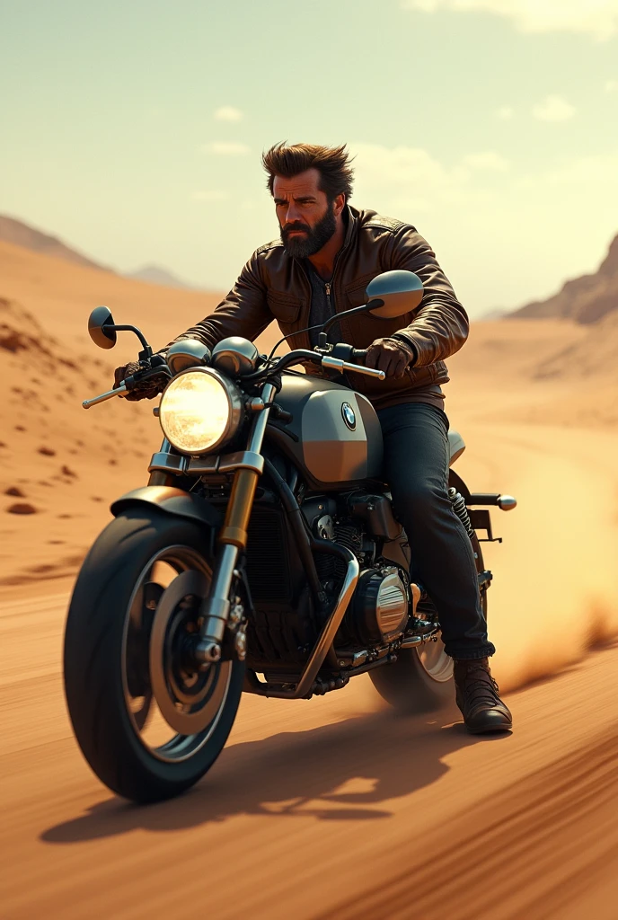 Wolverine is riding a bmw racing bike in side pose. It is morning time. The weather is good. The place is a desert and there is a road in the middle of it.