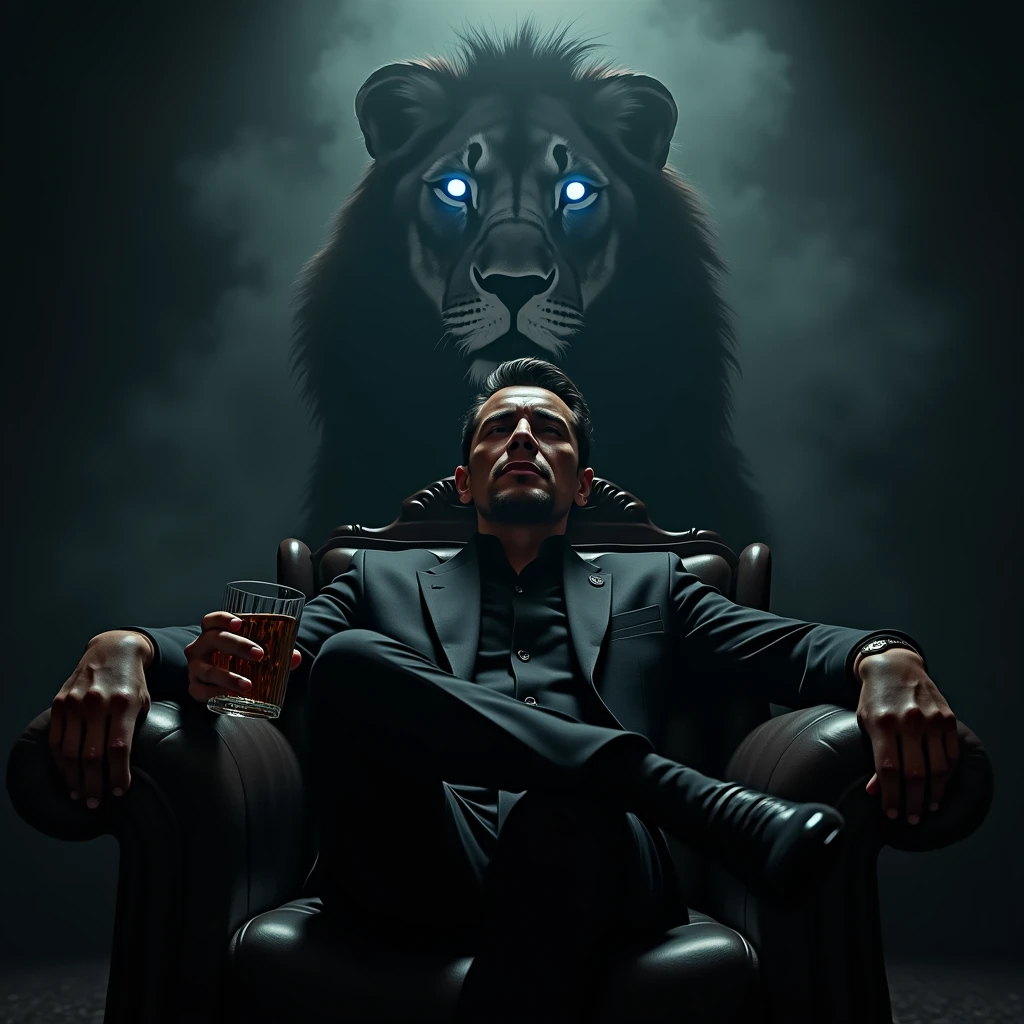 Create a realistic image where a man wearing black luxury suit and sitting on king size chair, he's holding a whiskey glass in his hand, there is smoke in background a shadow of lion and lion's eyes is glowing in blue colour. In background the name "chico" is showing in bold effects just attached above the chair the head of the character as per his name