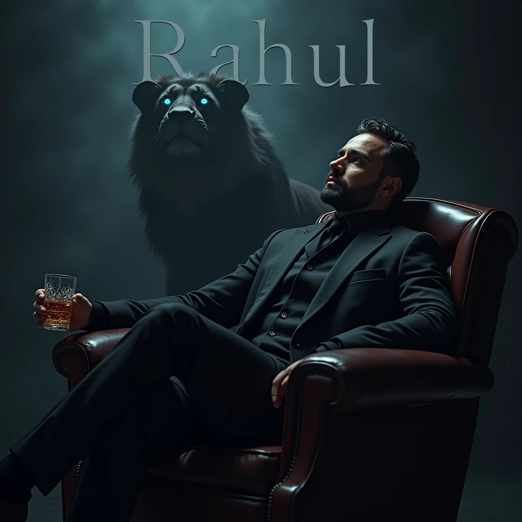 Create a realistic image where a 2 man wearing black luxury suit and sitting on king size chair, he's holding a whiskey glass in his hand, there is smoke in background a shadow of lion and lion's eyes is glowing in blue colour. In background the name "rahul" is showing in bold effects just above the head of the character as per his name.