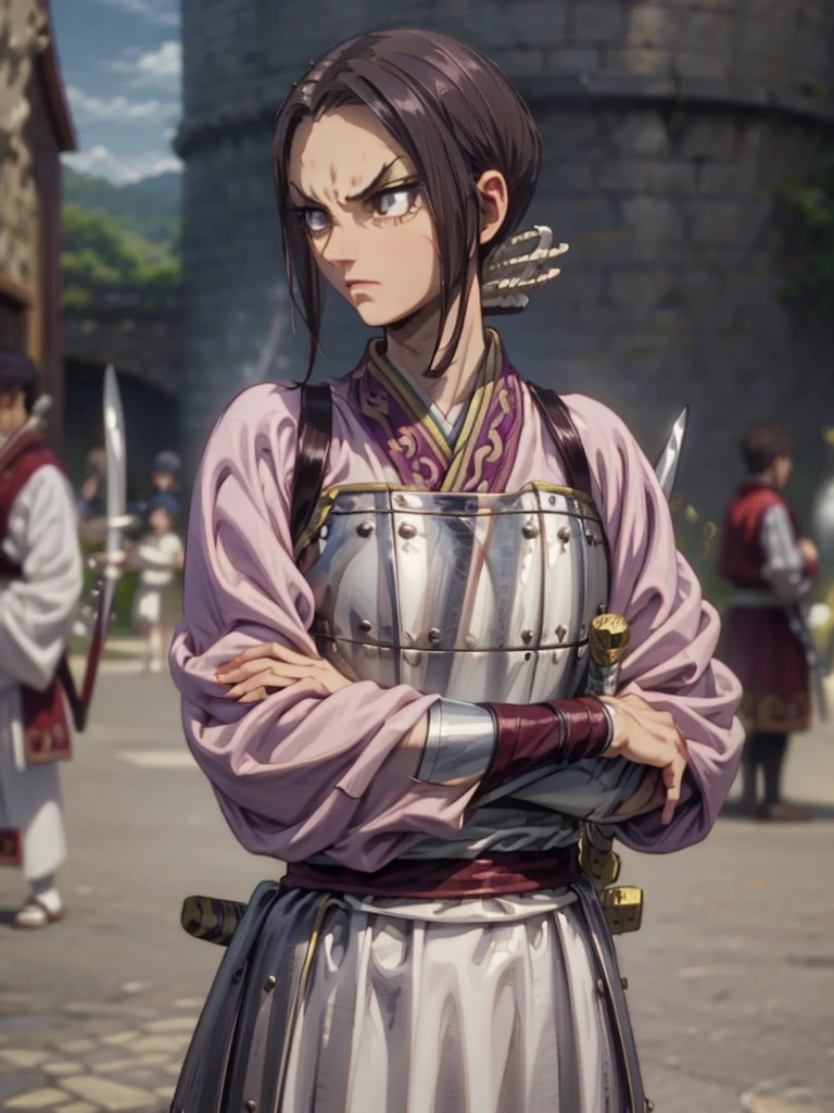 8k, Highly Detailed, Masterpiece, source_anime, best quality, beautifully detailed eyes and beautifully detailed hair, 1girl, solo, a character with fair skin, large expressive eyes, and dark brown hair styled in a neat  tied back, straight manner, sharp facial features face,  They are dressed in traditional warrior attire, consisting of a white robe with purple and gold accents, and silver armor plating on the chest and forearms. The character also wears a dark blue belt and has two swords sheathed at their sides. The overall design is detailed and emphasizes a historical or fantasy warrior theme. The background consists of a stone wall, adding a rustic and historical feel to the scene. The character's facial expression is serious and focused, suggesting determination or concentration, 