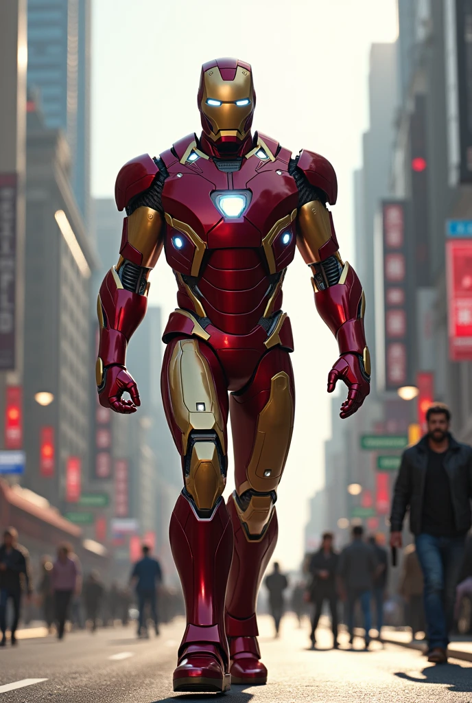 Iron man walking in the city