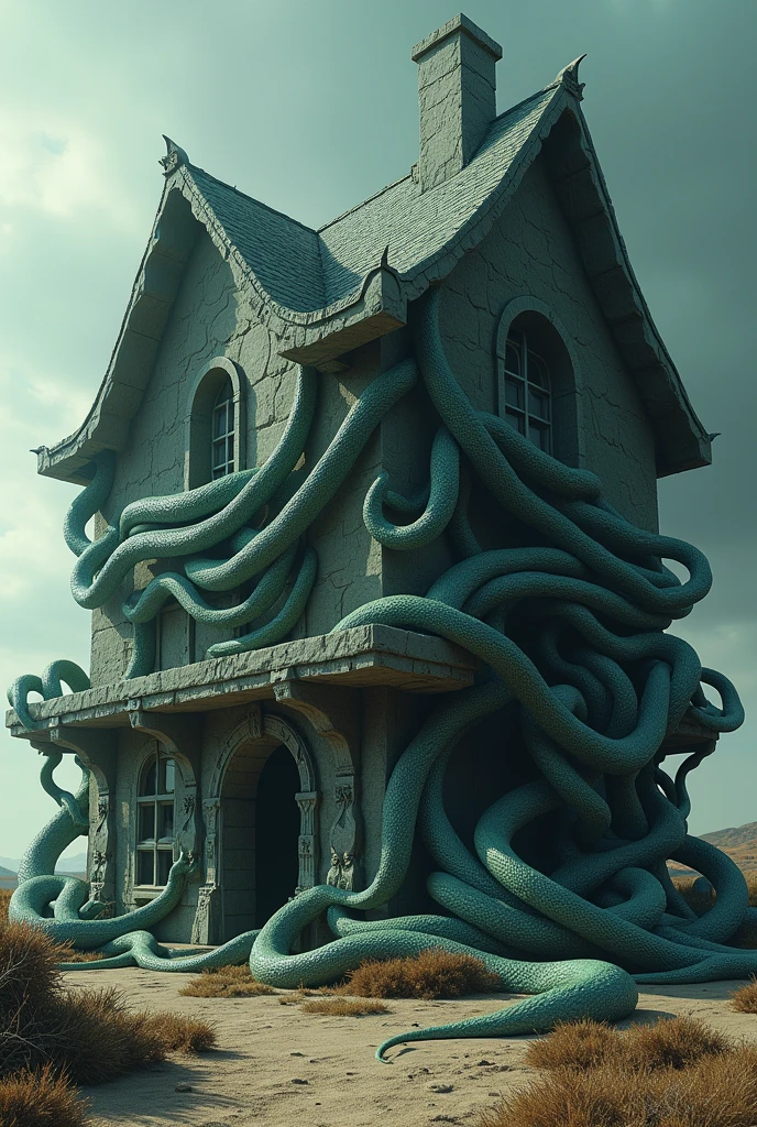 ((masterpiece, 8k, best quality, 8k, super realistic, high resolution:1.3)), fictional image, house made of real snakes, everything is made of snake, there is nothing, there is only snake.