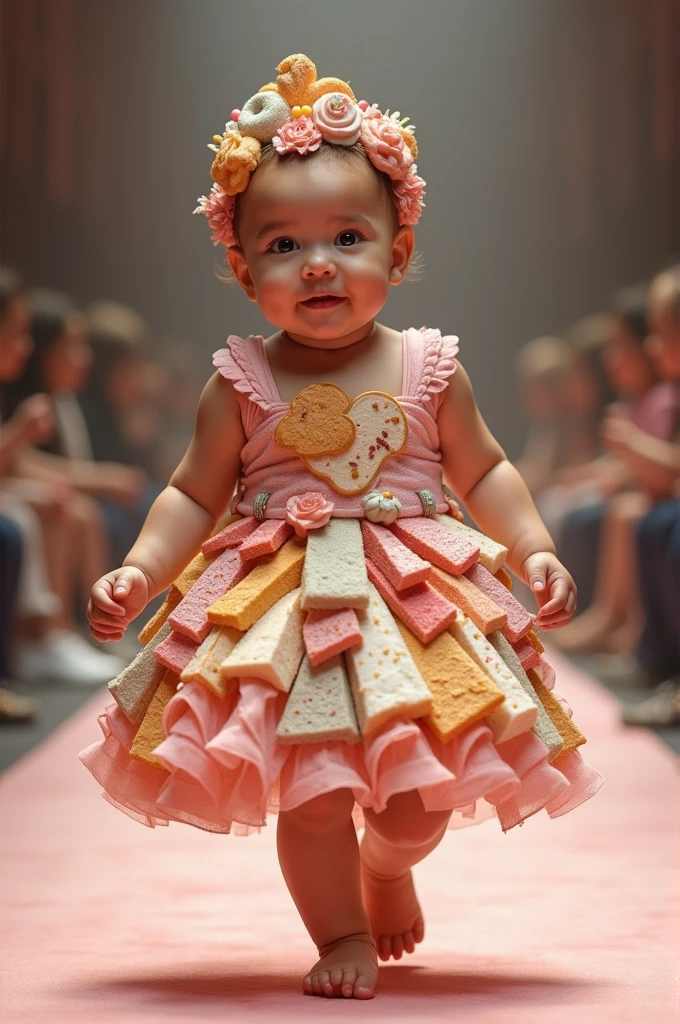 , wearing a dress made of slices of cake, filled with various flavors, in relief, and on the babyead a hair ornament, made of pieces of cake filled, in relief, parading on the catwalk, ultra realistic 4k