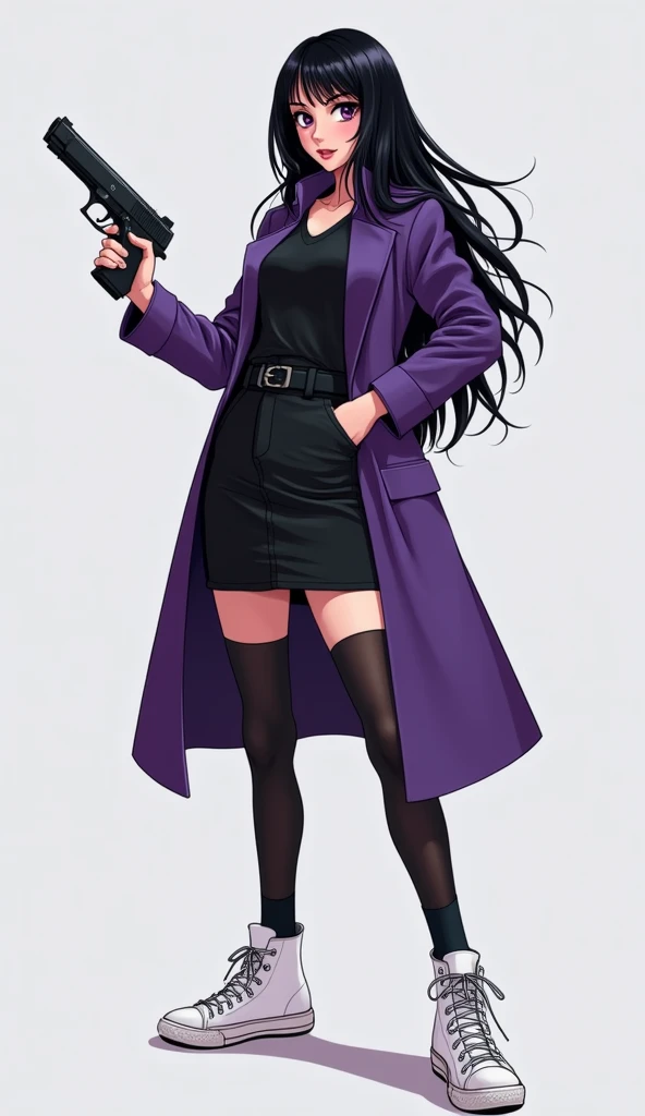The young woman purple eyes long black hair wear a long purple coat, black shirt, black pencil skirt, black underpants, long black tights, black socks, white sneakers high top, holding a one pistol gun, light grey background, cartoon novel, 4K, HD