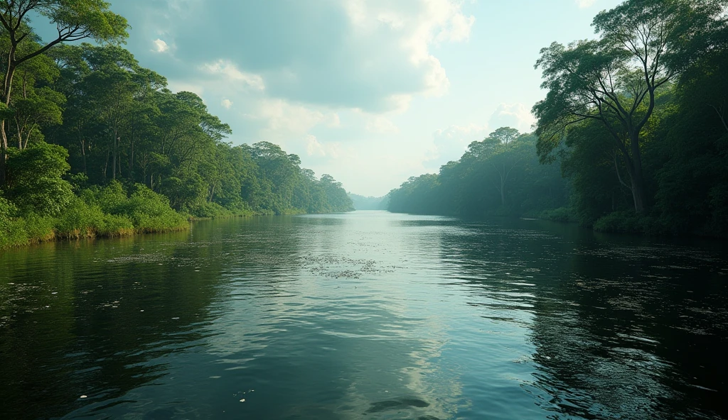 Realistic photo. View inside the Amazon River. It is a river in South America. It originates in Peru, flows through Colombia and flows into the Atlantic Ocean in Brazil. It has a total length of approximately 6,992 kilometers. It is the river with the widest mouth in the world, which is located in northern Brazil. The Amazon River is the river with the largest volume of water in the rainy season ... High resolution image 8K.

