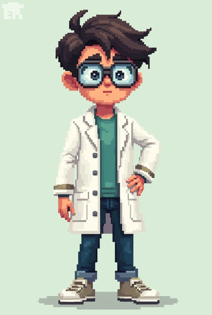 Create a pixelated 2D biochemist from the front and make it without details in the background