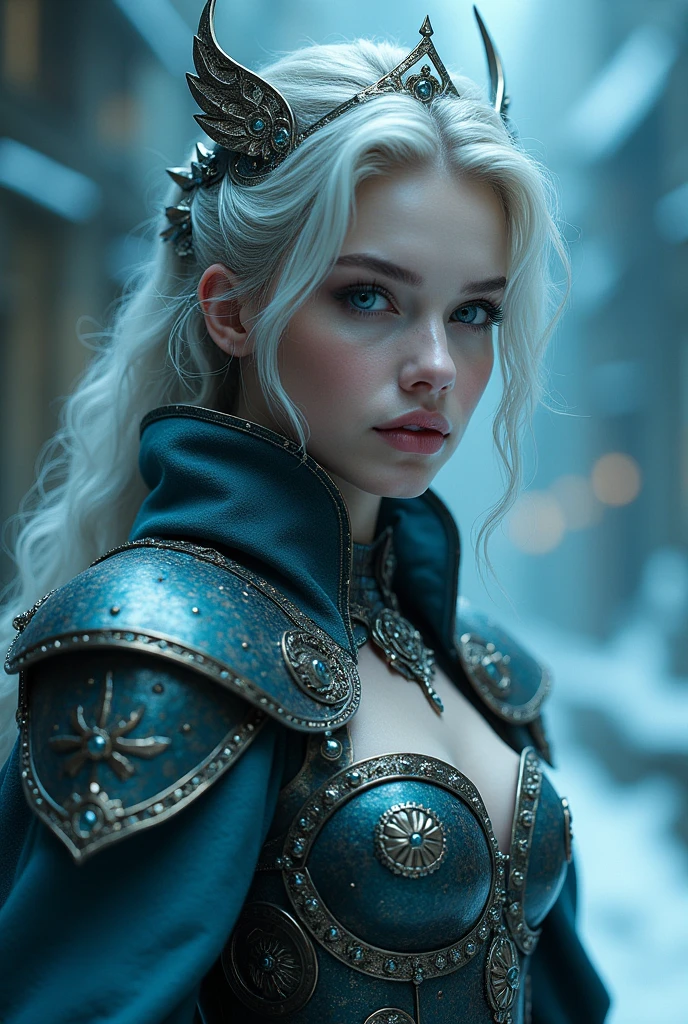 (Masterpiece.Uhd. Photorealistic) (full body) an ultra hot gorgeous woman. Age 23. Epic cleavage (100e breast size) ((she’s a dieselpunk ice queen)), beautiful detailed eyes, beautiful detailed lips, extremely detailed face, long eyelashes, elegant high-collared dress, ornate armor plates, cold blue-white lighting, metallic accents, atmospheric, cinematic, dramatic, volumetric lighting, intricate details,
