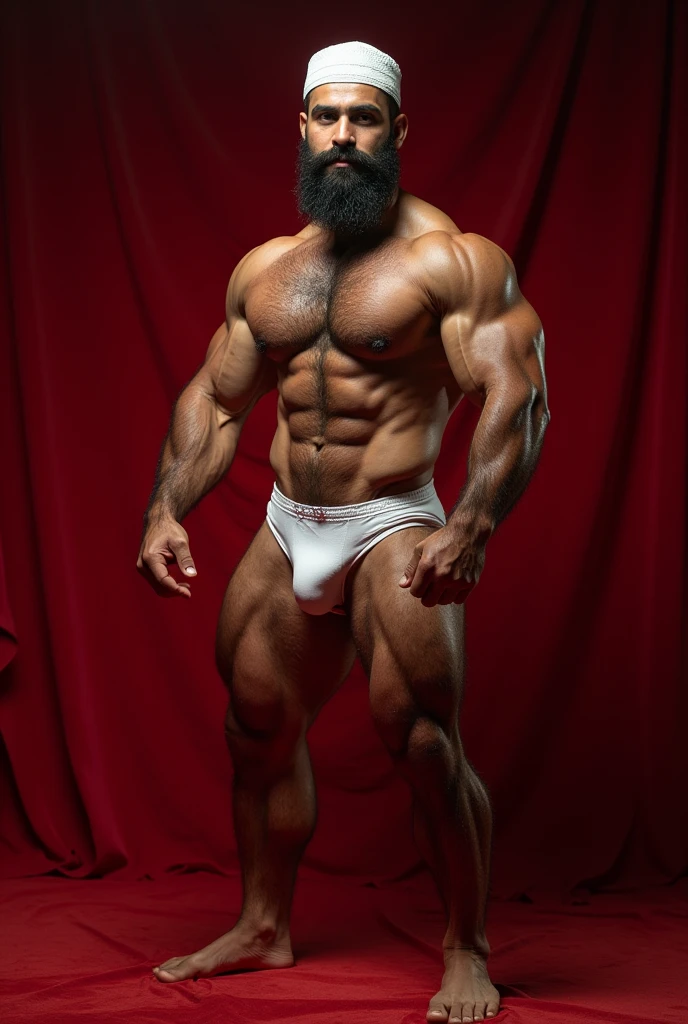 There is a young Iranian strong hairy bearded man on a red carpet in white underwear with Islamic cap on his head doing the Arnold pose.