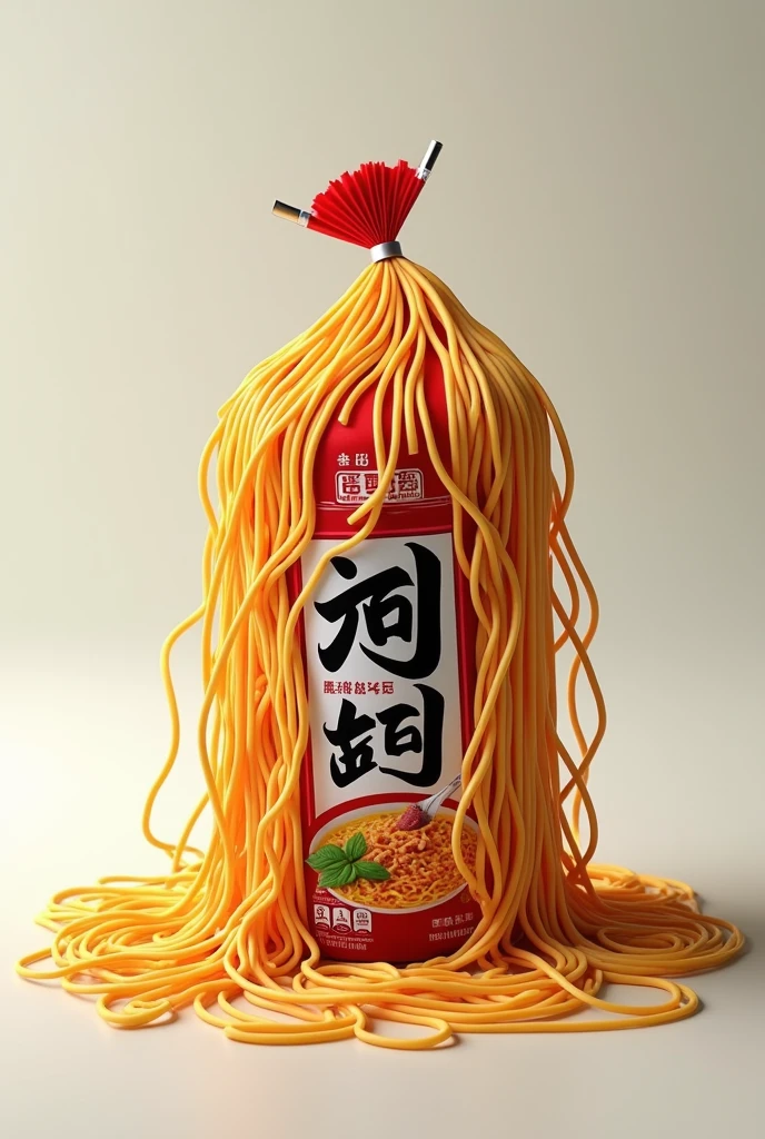 A closed package maruchan soup that has hair falling on the outside using enough soup to create the soup hair 
