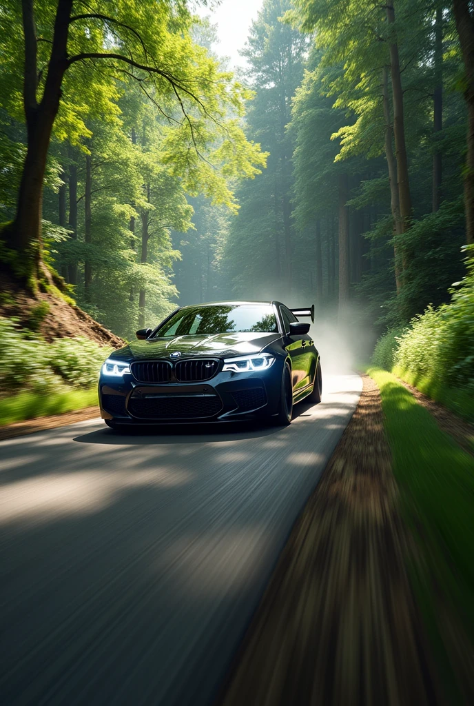 A bmw m5 g power  angry mode
  light  driving in forest