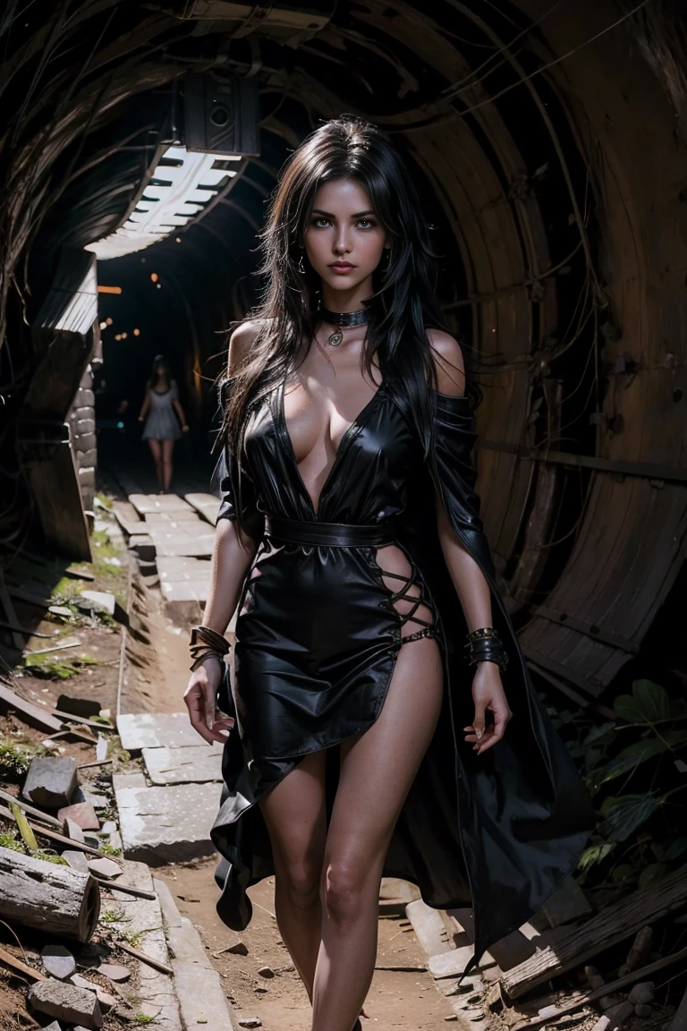 Beautiful girl, long black hair, scared, survivor, in a multi-colored poncho, bare legs, bare arms, against the background of an underground dark tunnel.