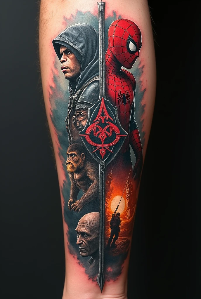 I want to get a tattoo with game characters: Skyrim, donkey kong, assassins creed e battlefield 4. It has to be vertical and 15cm on the forearm. But without mixing the themes
