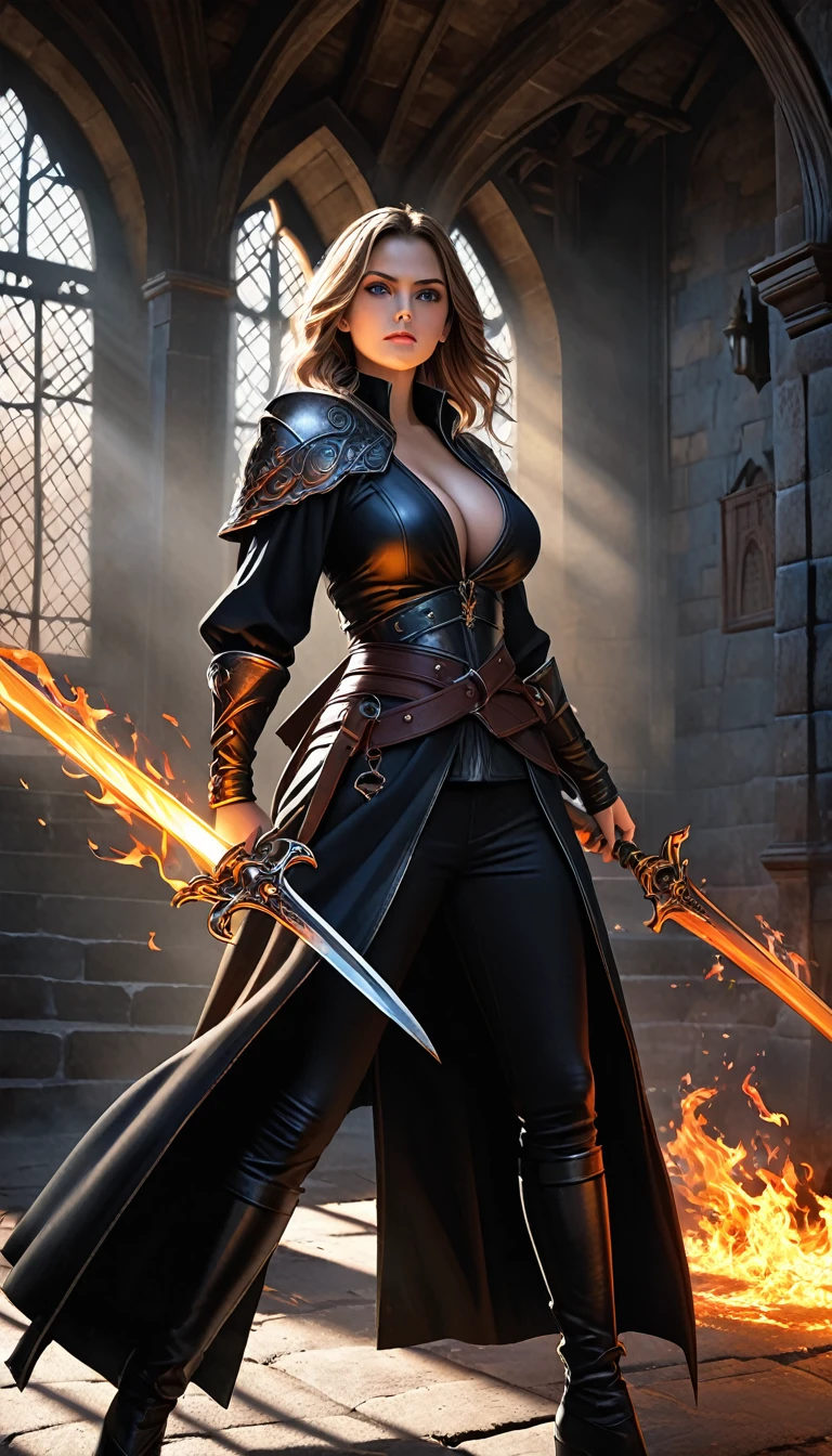 a woman wielding dual swords, fighting in a castle dungeon, powerful aura,flames, wearing a black shirt with cleavage, large breasts, black pants, black boots, and a black coat, with blue eyes,(best quality,4k,8k,highres,masterpiece:1.2),ultra-detailed,(realistic,photorealistic,photo-realistic:1.37),intricate details,highly detailed,digital painting,cinematic lighting,dramatic lighting,chiaroscuro lighting,dramatic shadows,fantasy,dark fantasy,cinematic composition