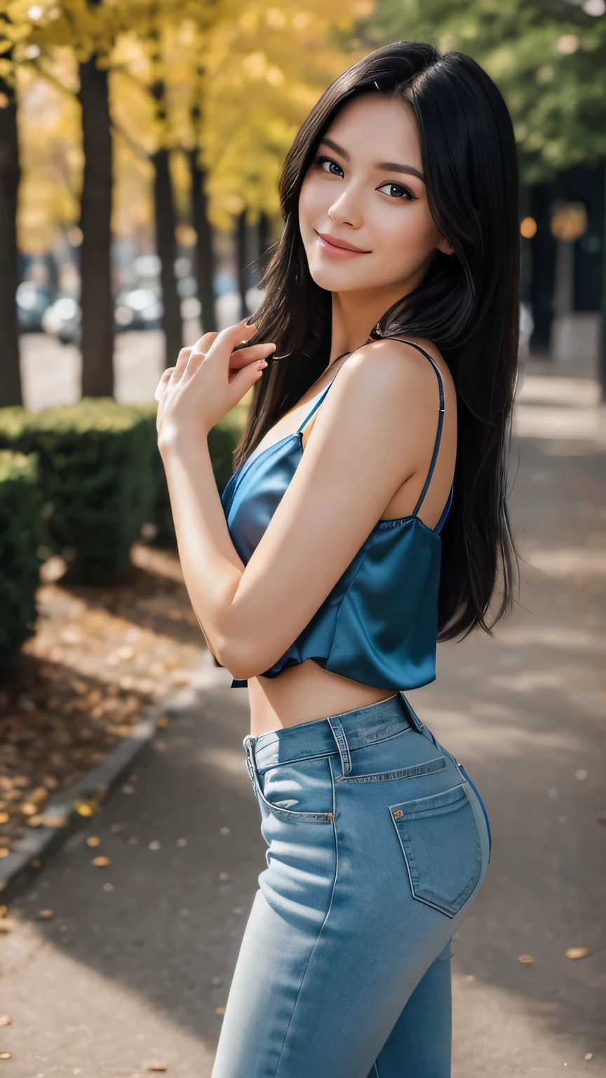 Realistic full body photo of a smiling, beautiful black-haired woman with long hair, She dances in front of the camera in a blue satin spaghetti strap blouse and tight, elegant white jeans ...., fine fabrics, Park,glamour fotoshooting, Park, perfect anatomy, perfect brown eyes. Perfect hands with 5 fingers on each hand, Suitable woman, looking at the camera, 1 Frau. (Eye make up:1.1), (highly detailed skin:1.1), spirit, analog style, keen focus, 8K  UHD, dslr, good quality, Fujifilm XT3, Grain, Award-winning, ​masterpiece. Park