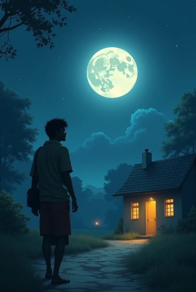 A serene nighttime scene where Ramu is walking home under a bright, full moon. The moonlight softly illuminates his path, and he appears thoughtful yet hopeful. In the distance, his modest house is visible, with the warm light of a lamp glowing through the window.