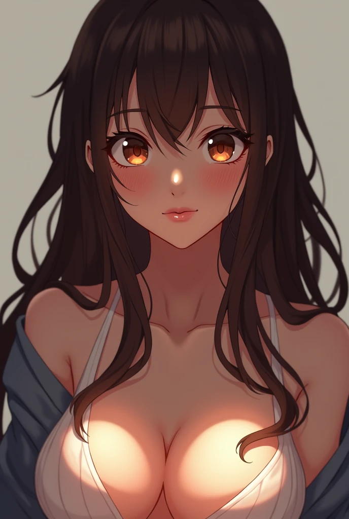 1girl, Long Hair, Looking at viewer, , Blush, Smile, Brown Hair, Simple background, High Resolution, Large breasts, Embarrassed, Heavy Breathing, Licking Lips, Multiple Views, 3D Isometric, Cinematic, Anime, nude