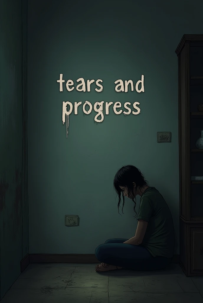 Sad interior image with the word "Tears and progress" En el centro de la imagen