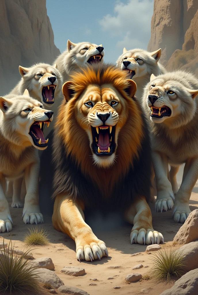 A pack of enraged wolves defeating a defeated lion