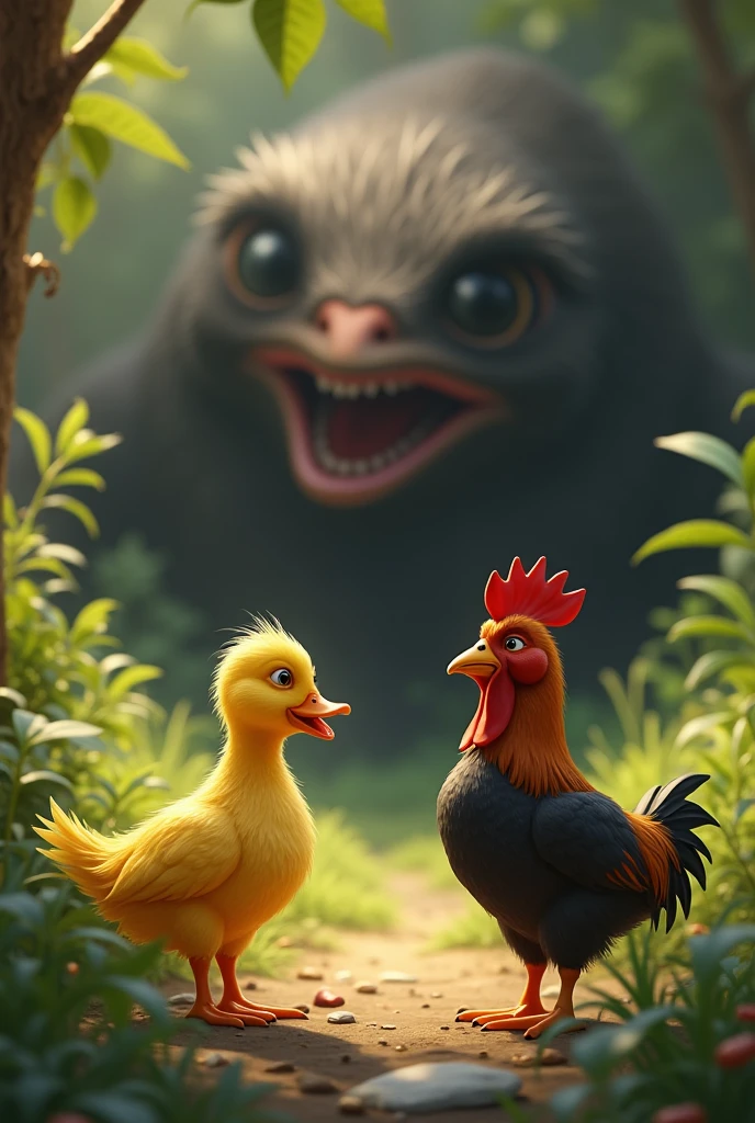 Generate an image of a yellow duck and a brown and black rooster spying on the big one they heard a noise 

