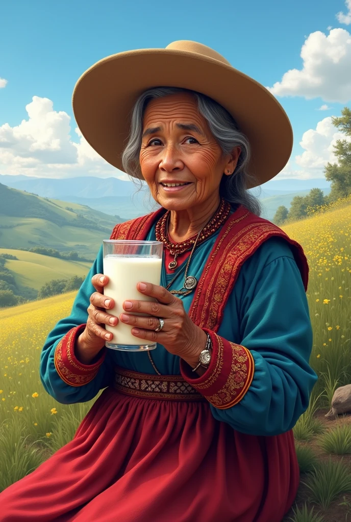 Andean woman drinking yogurt in the countryside