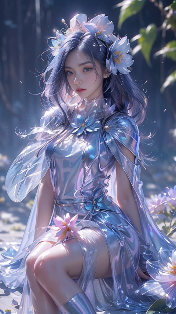 8k, masterpiece, 1 girl, beautiful face, very long hair, light makeup, (glossy skin:1.5), detailed eyes, detailed lips, small bust, short clothing, dragonfly, ((blue dragonfly clothing)), ((flowing cape)), light clothing, (flower falling:1.5), god rays, depth of field, ray tracing,
