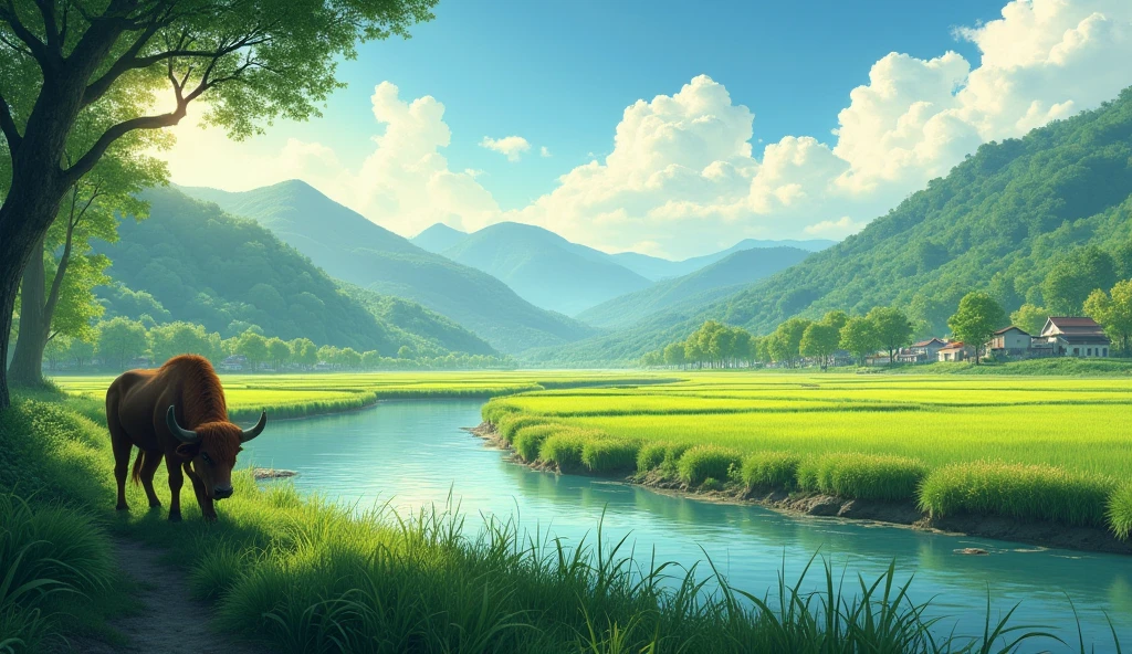 Create a beautiful landscape image of a countryside with a river flowing through it. The river is surrounded by rice fields and lush green trees. And in the background there were mountains covered with trees and hills. The [sunshine] sky was blue [golden] with white clouds, and the overall mood of the picture was calm and quiet. In front of him, a brown buffalo was grazing. Right side of the river There appears to be a small village or village with a few houses and buildings. The overall atmosphere is one of tranquility and quiet.

