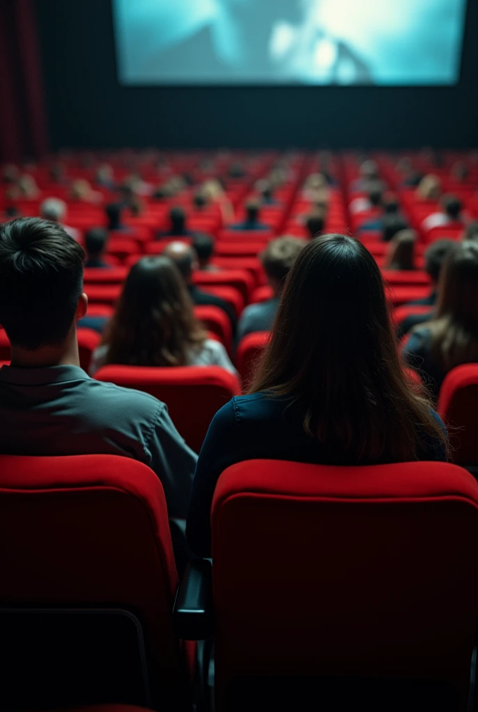 Roger Deakins style - several people sitting in red cinema seats watching a film, but show the person's back.