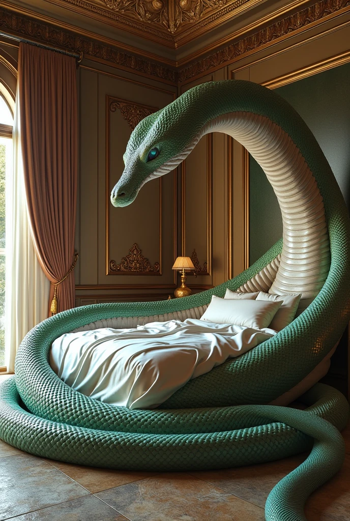 ((masterpiece, 8K, best quality, 8K, super realistic, high resolution:1.3)), imagem fictício, quarto feito de pele de cobra, cama é uma cobra gigante.