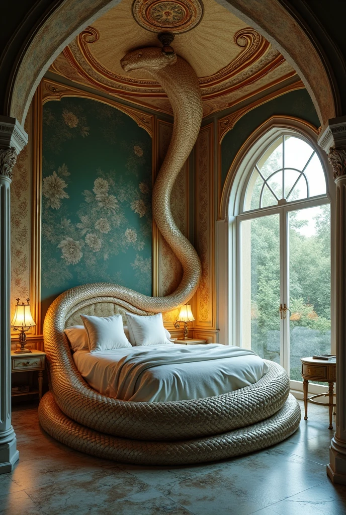 ((masterpiece, 8K, best quality, 8K, super realistic, high resolution:1.3)), imagem fictício, quarto feito de pele de cobra, cama é uma cobra gigante.