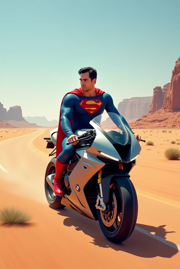 Superman is riding a bmw racing bike in side pose. It is morning time. The weather is good. The place is a desert and there is a road in the middle of it.