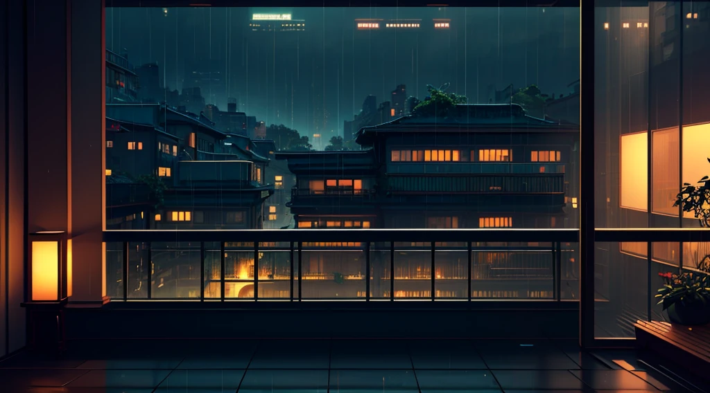 A cozy balcony at night in a rainy urban environment, with warm light emanating from a window. The balcony is filled with lush green plants in pots, creating a peaceful and intimate atmosphere. The background shows a cityscape with buildings under a rainy sky, with lights glowing from various windows. The scene captures the contrast between the warmth of the indoor space and the cool blue tones of the rain-soaked city outside. Realistic, anime-inspired style, detailed, with reflections on wet surfaces and soft light.
