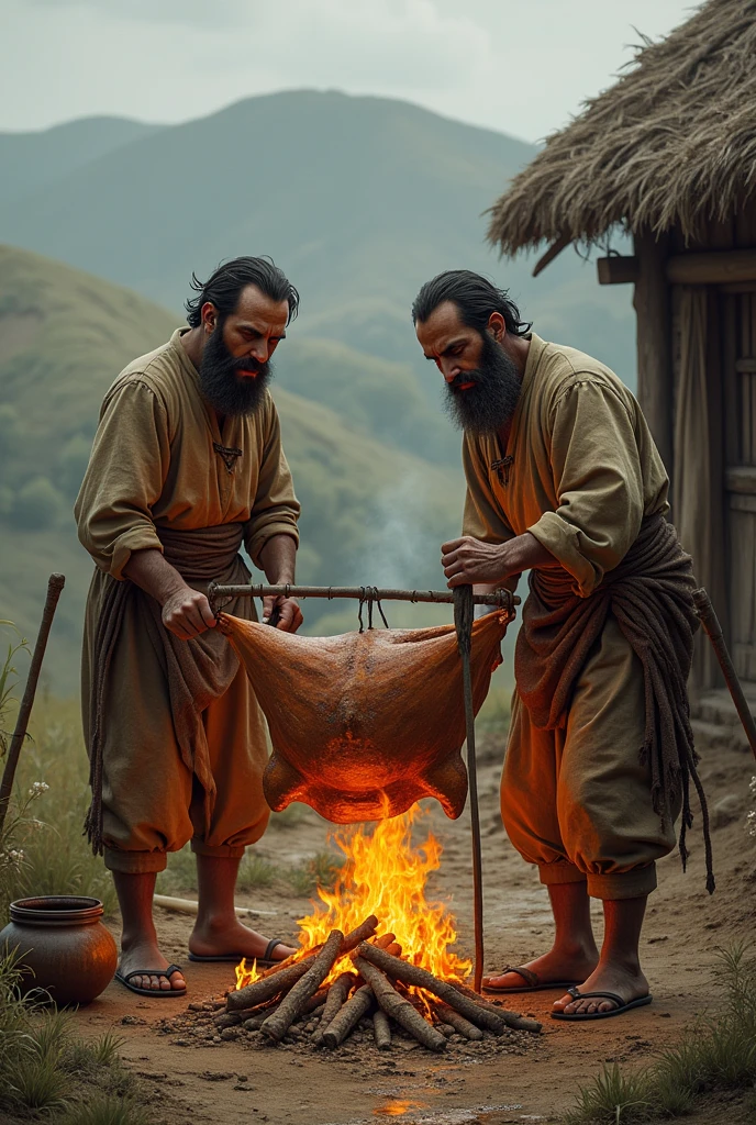 Two peasants are cooking a cow