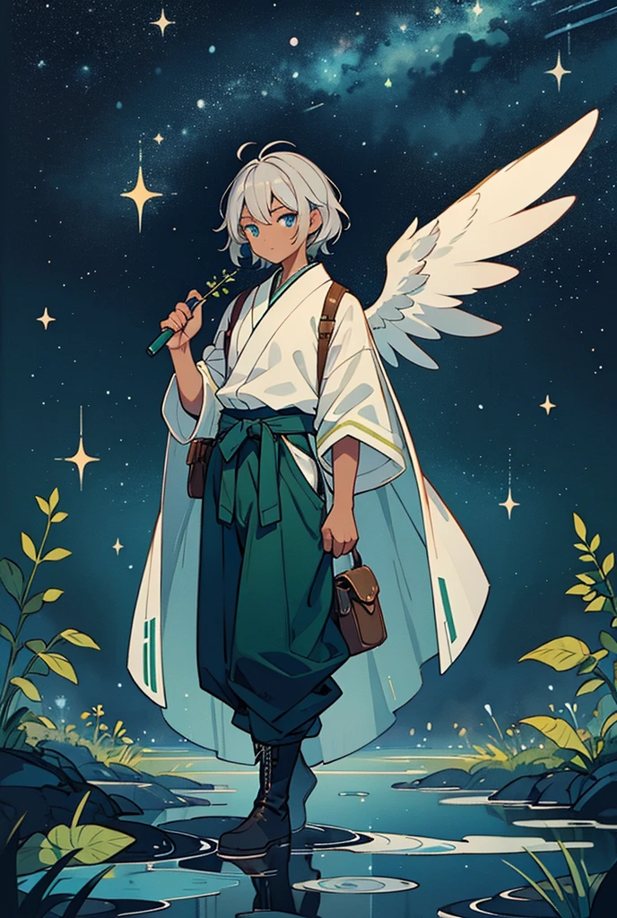 Solo man with black skin, silver hair, short wavy hair. Bright sky blue eyes. Green branches with elongated leaves. Moderni Sweater, Hakama pants, Black boots, belt at the waist with bag. a large pair of wings. Dark blue with green sparkles reminiscent of a starry night sky Mystical atmosphere, delicate brushwork, magical scenery, Peaceful and serene. detailed clothing. nature background.