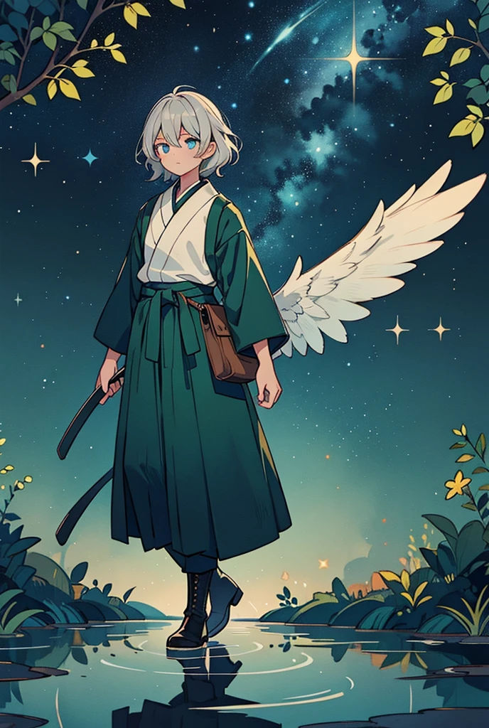 Solo man with black skin, silver hair, short wavy hair. Bright sky blue eyes. Green branches with elongated leaves. Moderni Sweater, Hakama pants, Black boots, belt at the waist with bag. a large pair of wings. Dark blue with green sparkles reminiscent of a starry night sky Mystical atmosphere, delicate brushwork, magical scenery, Peaceful and serene. detailed clothing. nature background.