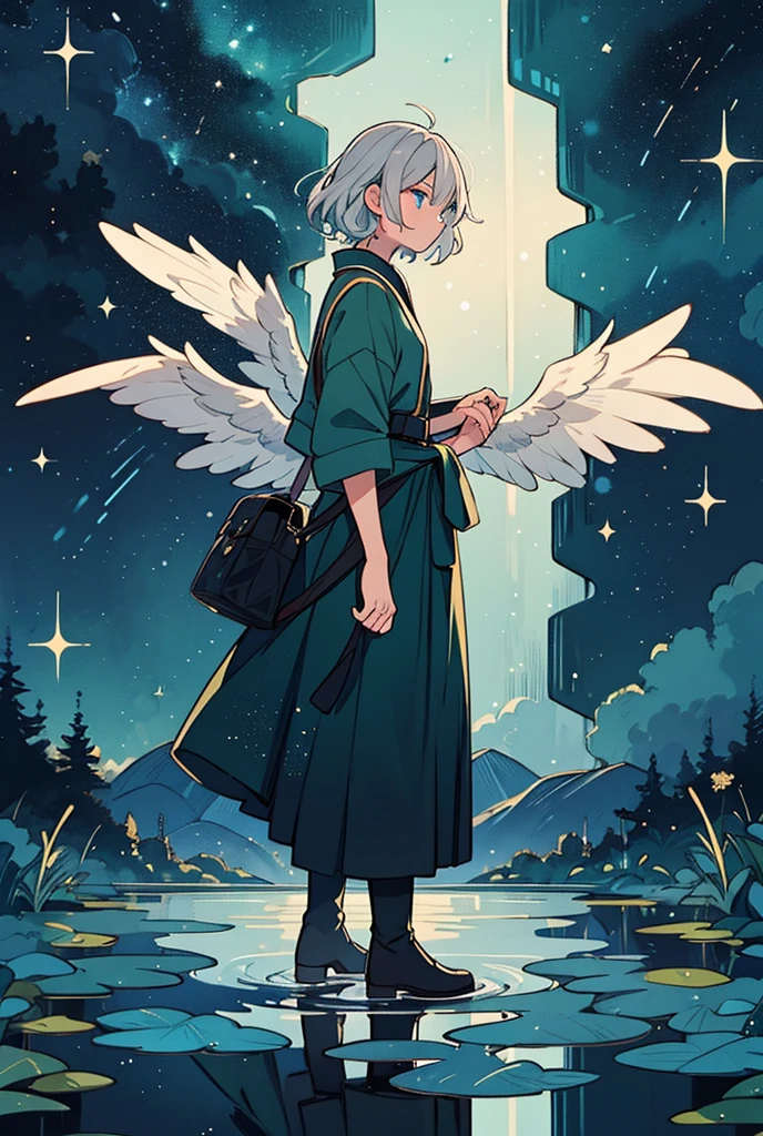 Solo man with black skin, silver hair, short wavy hair. Bright sky blue eyes. Green branches with elongated leaves. Moderni Sweater, Hakama pants, Black boots, belt at the waist with bag. a large pair of wings. Dark blue with green sparkles reminiscent of a starry night sky Mystical atmosphere, delicate brushwork, magical scenery, Peaceful and serene. detailed clothing. nature background.