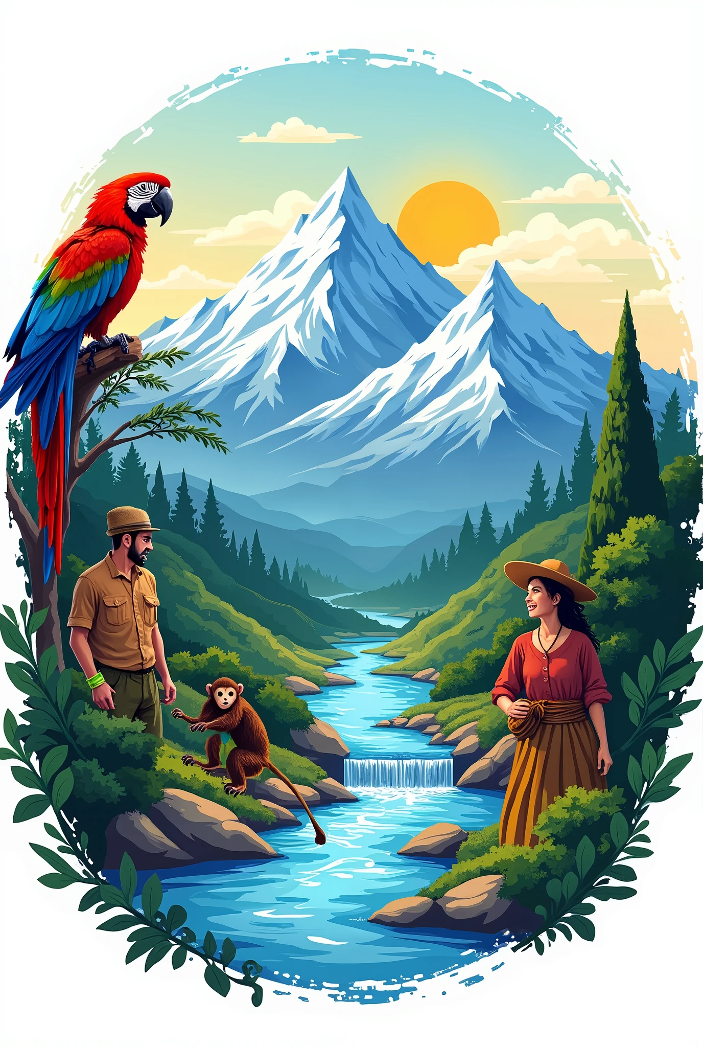 Create logo with the following characteristics: Main image of the two snow-capped peaks of the Sierra, Water that flows into the sea, Macaw, monkey and peasant man and woman
