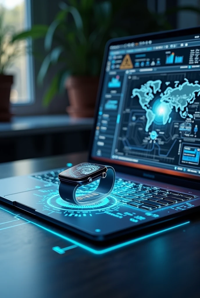 A SMART WATCH THAT CAN BE SHOWN TO BE SCANNING A LAPTOP FROM TOP TO BOTTOM TO FIND FAULTS OR DAMAGES