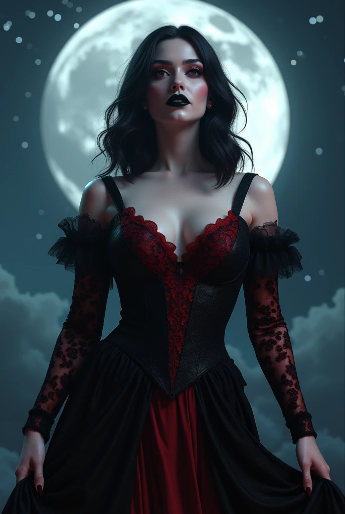 tall, curvy, pale skin, black hair, medium length hair, red eyes, vampire woman, (wide shoulders), very large breasts, wide face, pointed chin, round cheeks, (black lips, black lipstick), black eyeshadow,  long eyelashes, ((detailed lips)). (long fingers, long fingernails), detailed hands. wearing a fancy black dress, with red lace, red sleeves, red belt, silky texture, shiny. Night sky background, full moon dominates the sky, bright stars.  (best quality,4k,8k,highres,masterpiece, colorful, vibrant colors:1.2) ,moon light, deep shadows, volumetric lighting