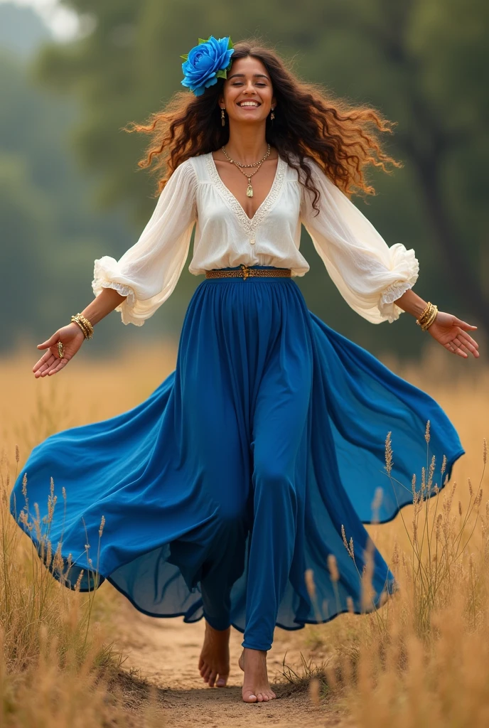 Make a woman brown skin, happy brown hair cheerful with arms open as if spinning, gypsy she wears a long royal blue skirt very round simple, . She wears a blue rose on her head the same color as her skirt.., blue and a white ruffled shirt, long-sleeved with sleeves that cover the wrists and wide sleeves she wears bare feet and a golden bracelet on her hand and a golden ring